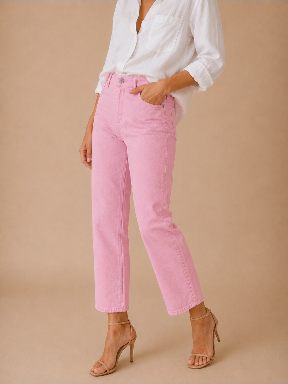 Talbots Petite Flawless Five-Pocket High Waist Cropped Boyfriend Fit Pink Jeans